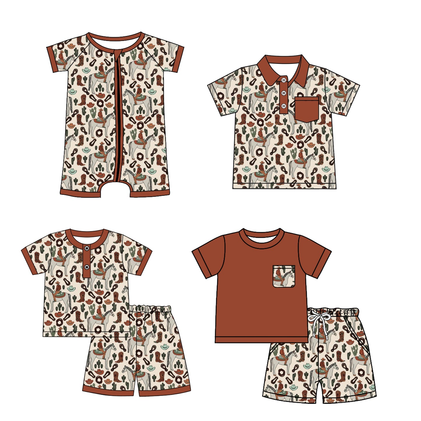 2.22(Custom Design Preorder MOQ 5 Each Design) Cowboy Brown Print Boys Summer Matching Clothes Brothers Wear