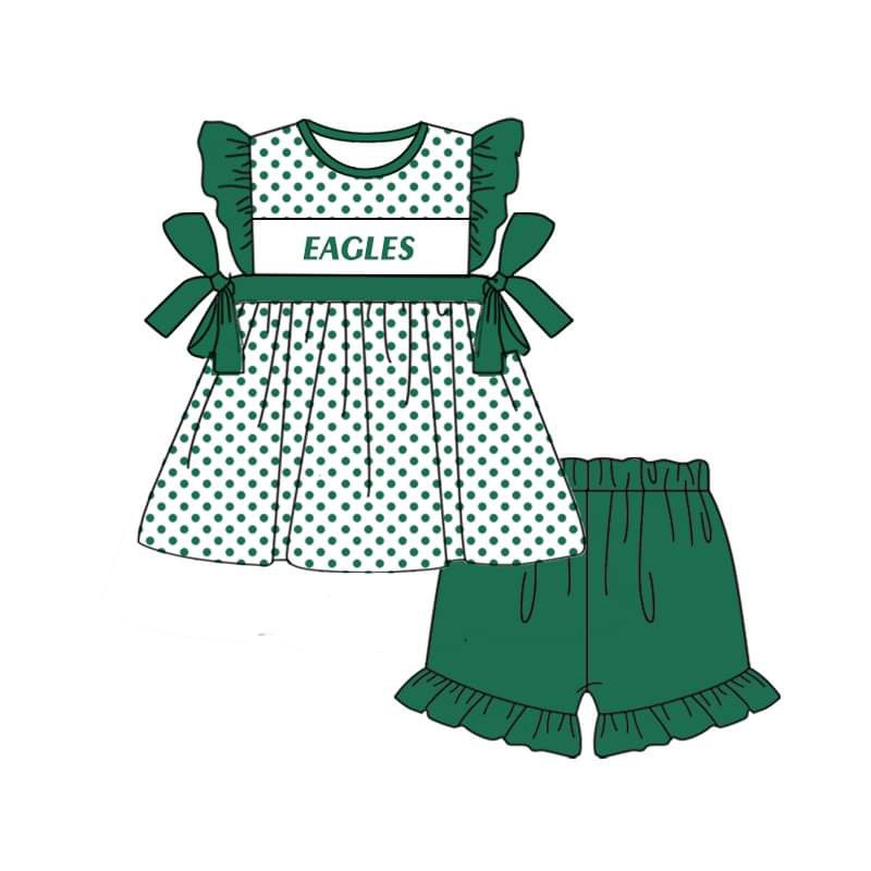 (Custom Design Preorder MOQ 5) Team's EAGLES Tunic Top Green Shorts Girls Summer Clothes Set