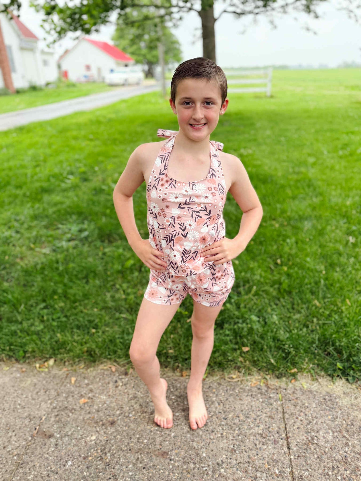GSSO1870 Brown Flowers Halter Top Shorts Girls Summer Clothes Set