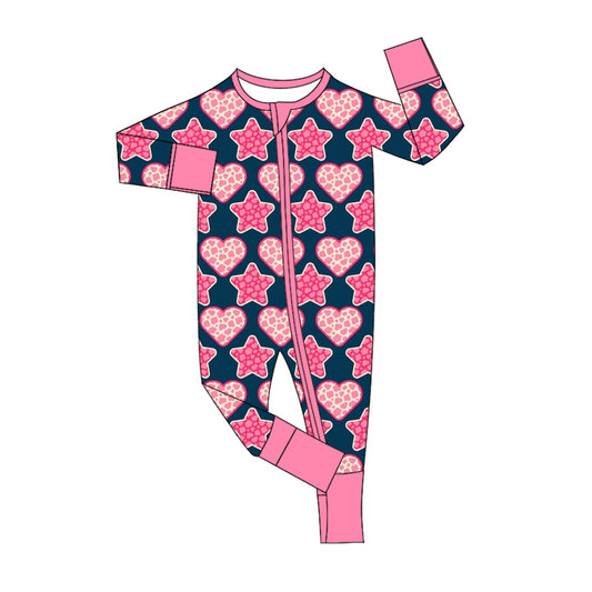 (Custom Design Preorder MOQ 20)  Heart Stars Pink Print Baby Girls Valentine's Day Bamboo Sleeper Zipper Romper