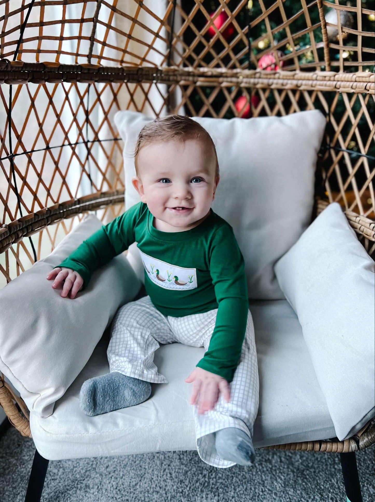 BLP0717 Duck Embroidery Green Top Plaid Pants Boys Fall Clothes Set