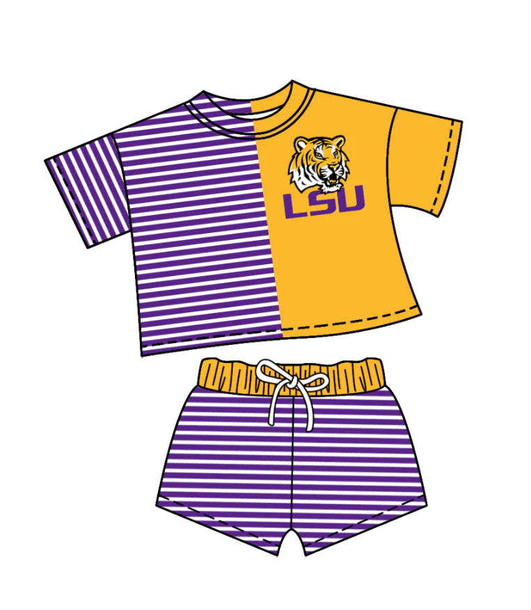 (Custom Design Preorder MOQ 5) Team's LSU Tigers Stripes Print Shorts Kids Summer Clothes Set