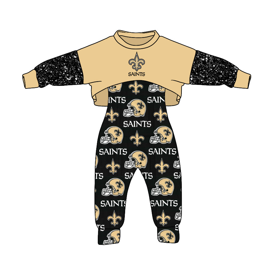 (Custom Design MOQ 5) NO.30 Black Gold Football Team's Print Girls Jumpsuits Clothes Set