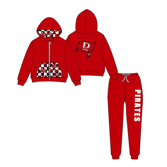 (Custom Design Preorder MOQ 5) Team's PIRATES Zipper Hoodie Top Red Pants Kids Fall Clothes Set