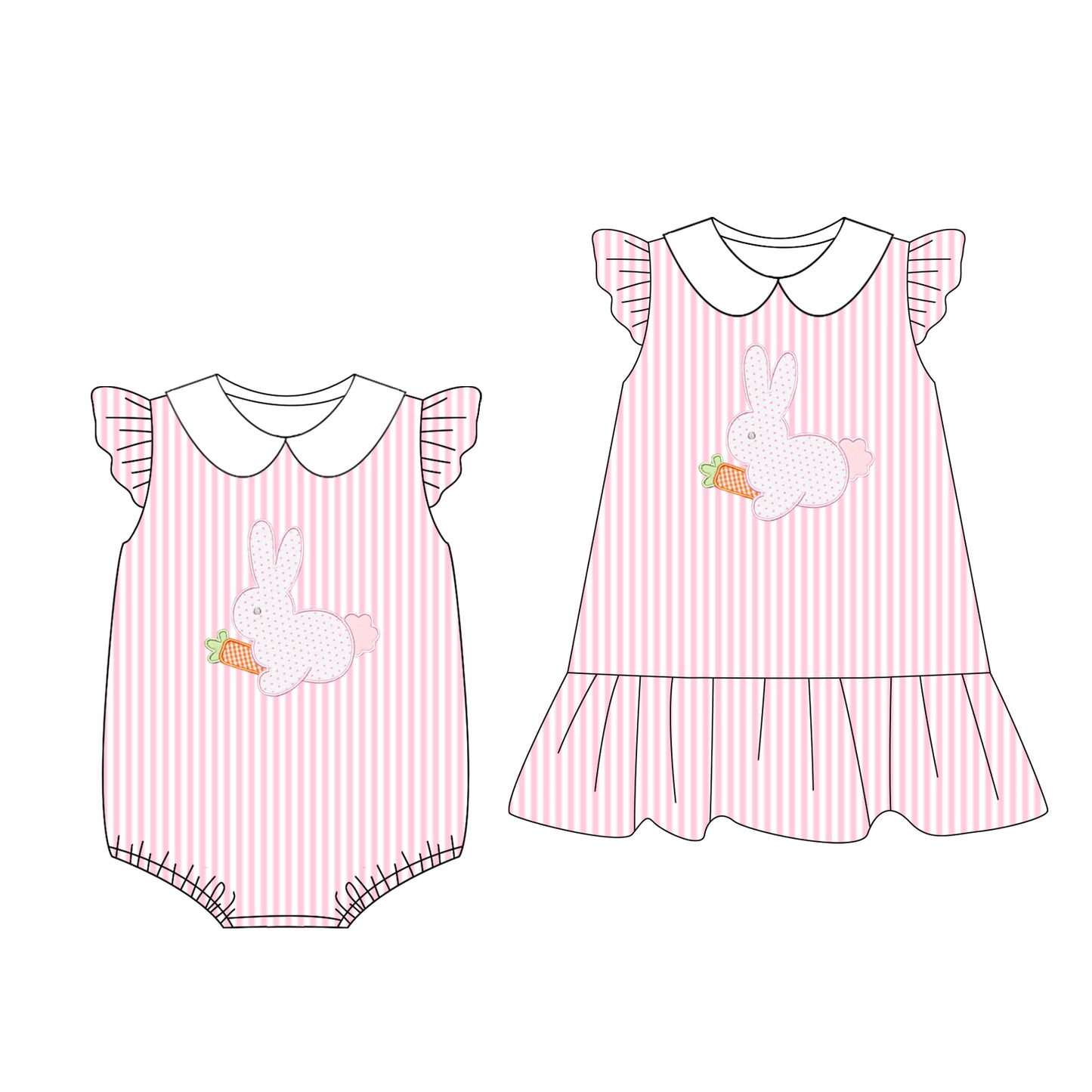 12.22 (Custom Design Preorder MOQ 5 Each Design) Bunny Carrot Pink Stripes Print Girls Easter Matching Clothes Sisters Wear