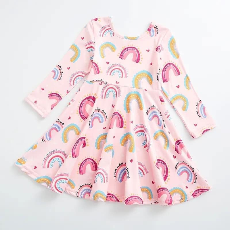 (Custom Design Preorder MOQ 5) Pink Rainbow Print Girls Knee Length Dress