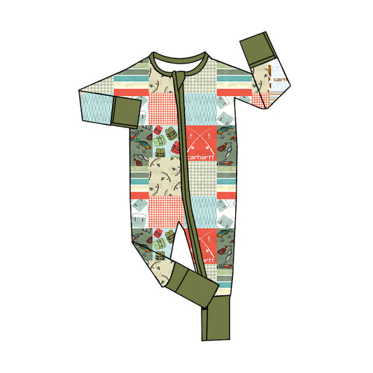 (Custom Design Preorder MOQ 20)  Fishing Shopping Print Baby Boys Fall Bamboo Sleeper Zipper Romper