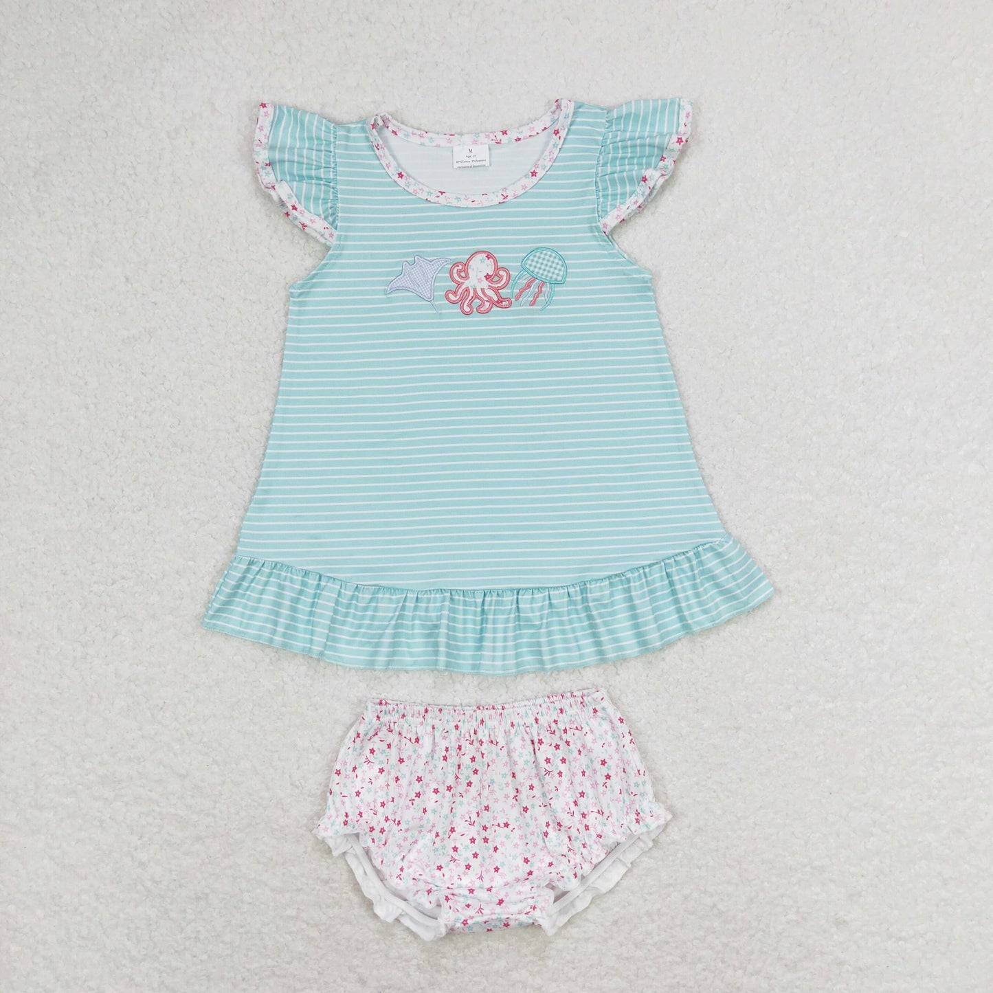 Fish Octopus Jellyfish Embroidery Stripes Print Sisters Summer Matching Clothes