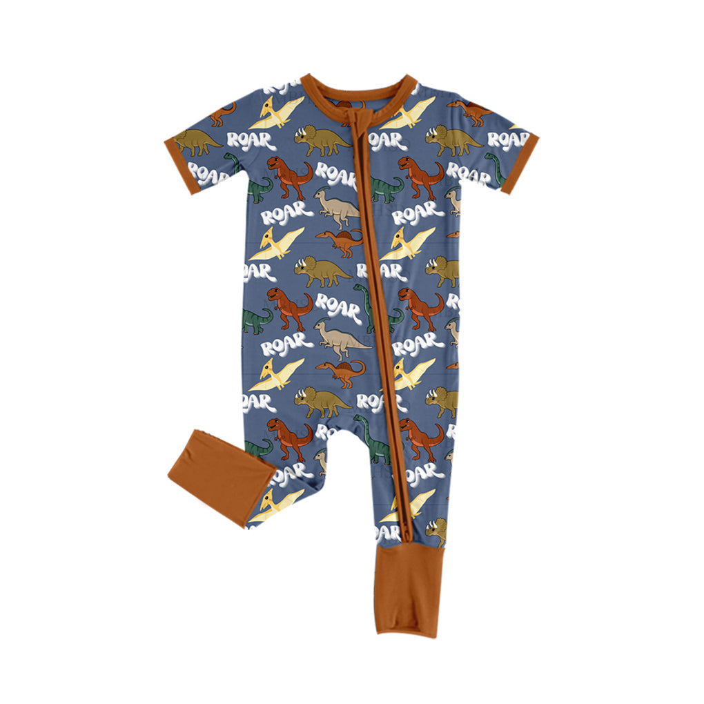 (Custom Design Preorder MOQ 20) Dino Brown Print Baby Boys Bamboo Sleeper Zipper Romper