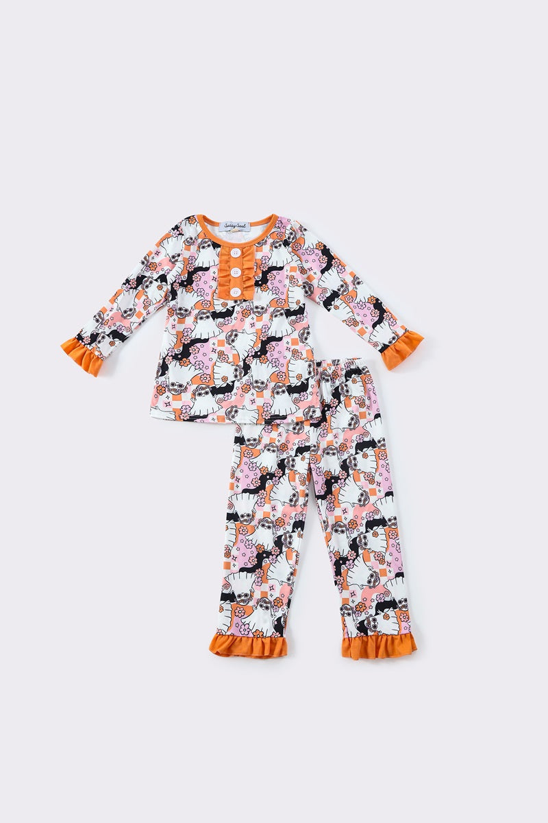 (Custom Design Preorder MOQ 20) Ghost Flowers Print Girls Halloween Bamboo Pajamas Clothes Set