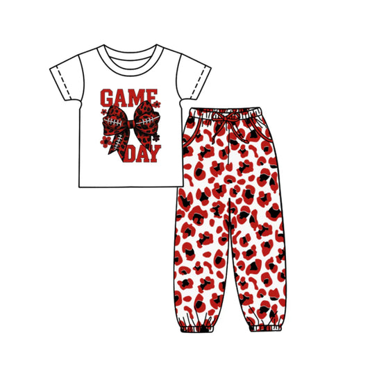 (Custom Design Preorder MOQ 5) Game Day Bow Top Red Leopard Joggers Pants Girls Clothes Set