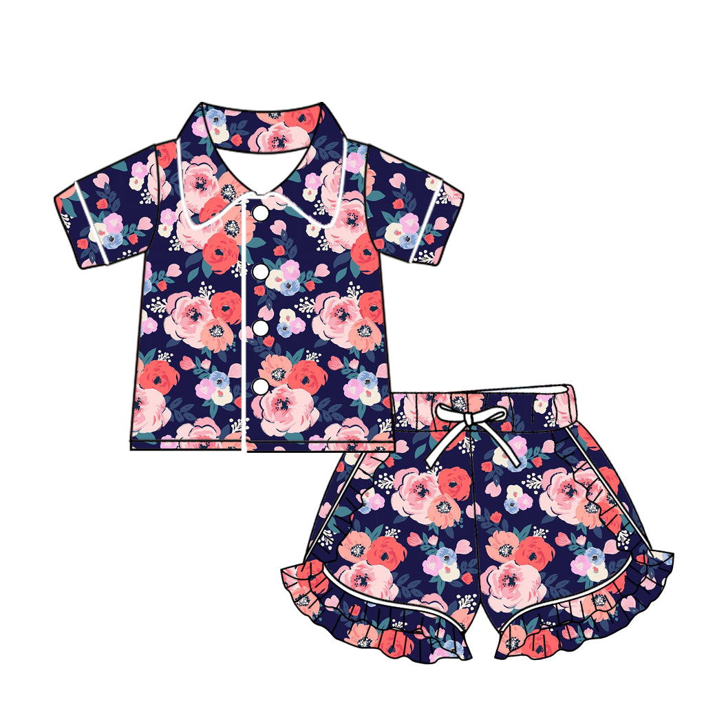 (Custom Design Preorder MOQ 5) Flowers Print Girls Summer Pajamas Clothes Set
