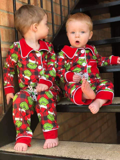 Green Frog Plaid Print Pocket Boys Buttons Christmas Pajamas Clothes Set 6 B1-25