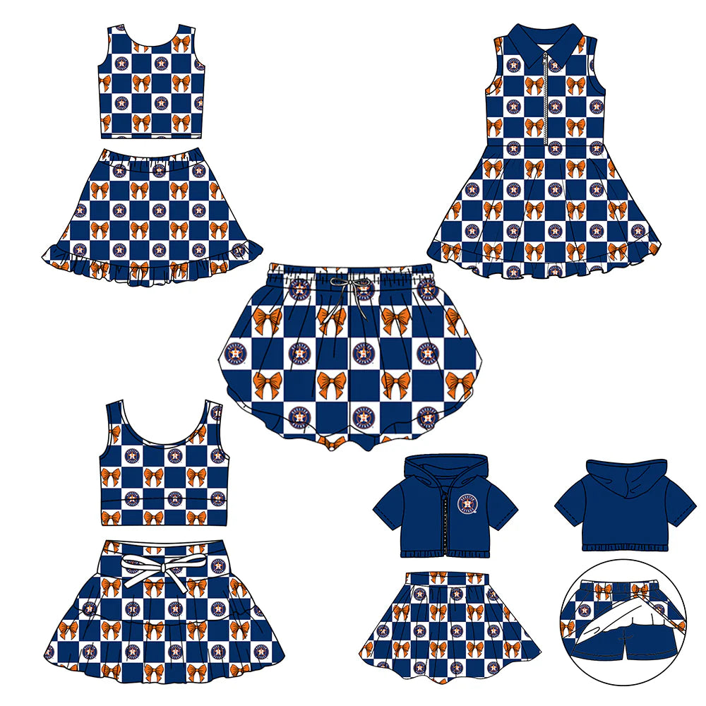 (Custom Design Preorder MOQ 5 Each Color) Team's Houston Astros Bows Plaid Print Girls Summer Clothes Sisters Matching Wear