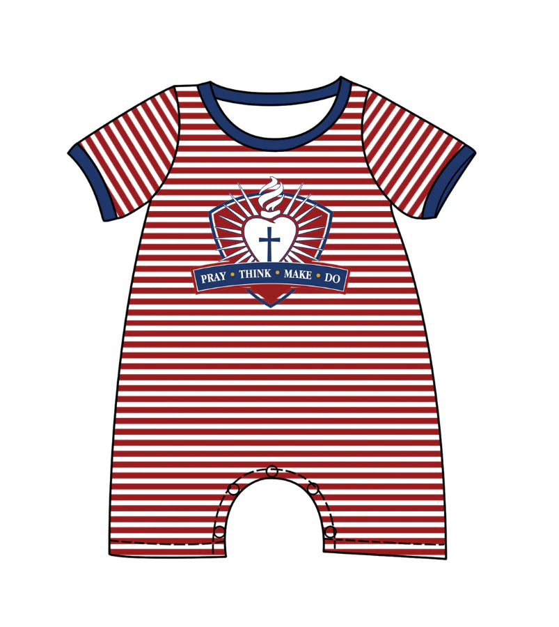 (Custom Design Preorder MOQ 5) Team's St. Margaret Mary Stripes Print Baby Boys Summer Romper