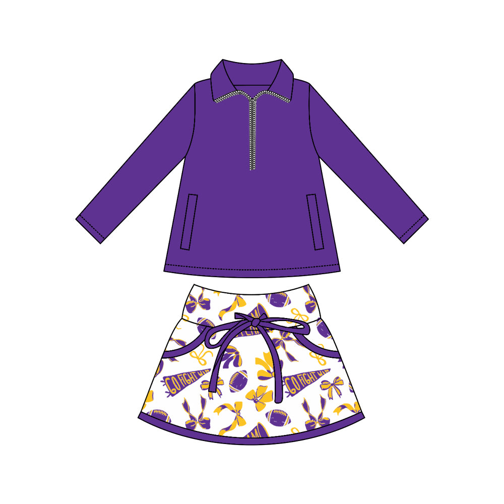 (Custom Design Preorder MOQ 5) Purple Zipper Pullover Top Team's Cheer Bows Skirts Girls Clothes Sets