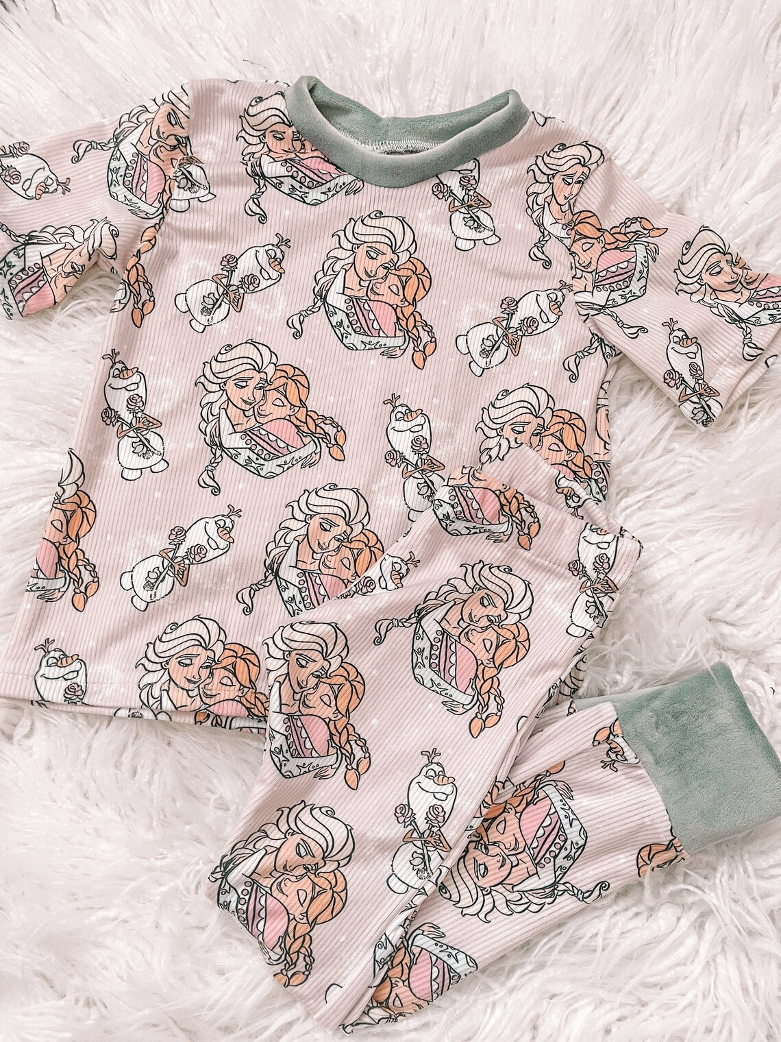 (Custom Design Preorder MOQ 5) Cartoon Princess Print Girls Pajamas Ribbed Clothes Set