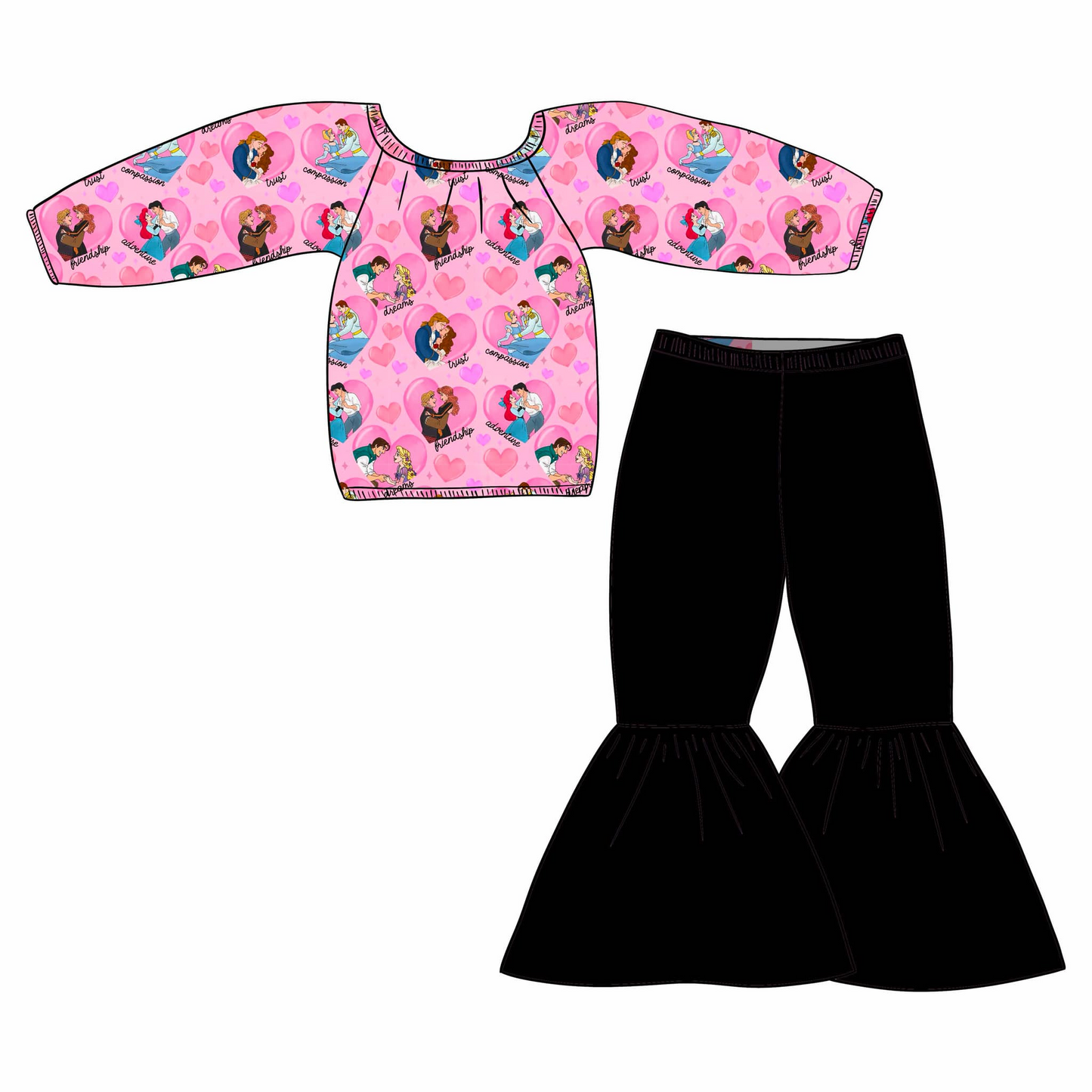 (Custom Design Preorder MOQ 5 ) Cartoon Princess Heart Top Black Bell Pants Girls Valentine's Day Clothes Set