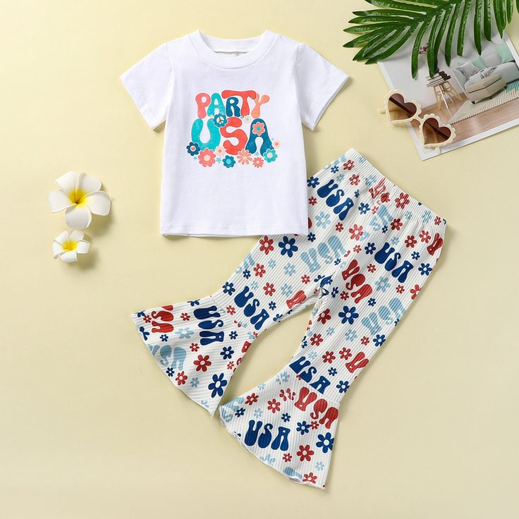(Custom Design Preorder MOQ 5) Party USA Flowers Top Bell Pants Girls 4th of July Clothes Set