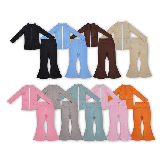 9 Solid Colors Zipper Jackets Top Bell Pants Girls Yoga Outfits Sisters Sports Clothes Set