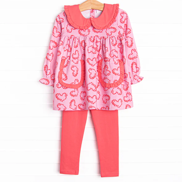 (Custom Design Preorder MOQ 5) Heart Pockets Tunic Top Red Pants Girls Valentine's Day Clothes Set
