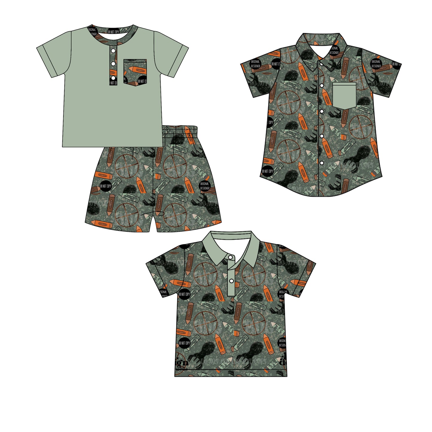 12.23 (Custom Design Preorder MOQ 5 Each Design) Pen Camo Hunting Print Boys Back to School Matching Clothes Brothers Wear