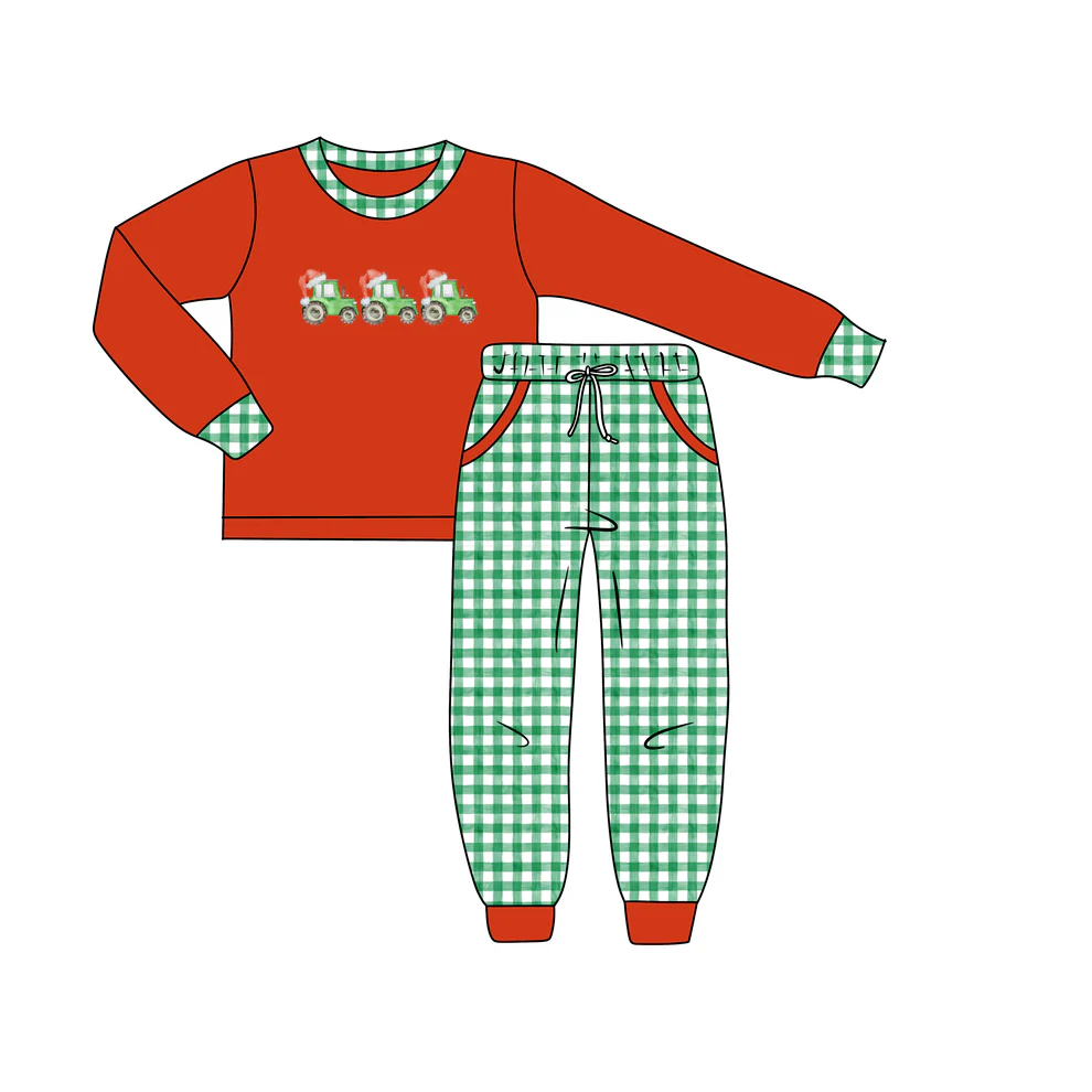 (Custom Design Preorder MOQ 5) Tractors Top Plaid Pants Boys Christmas Clothes Set