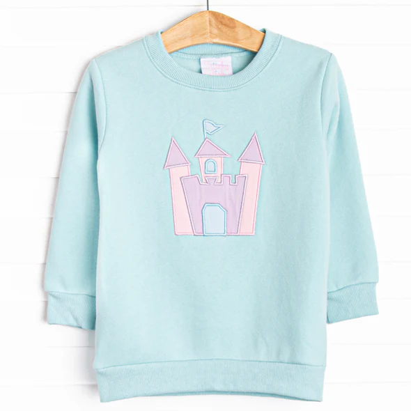 (Custom Design Preorder MOQ 5 ) Castle Blue Print Girls Long Sleeve Tee Shirts Top