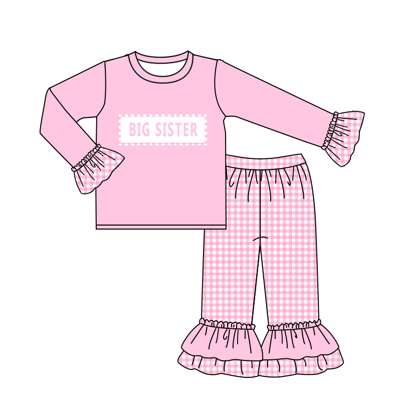 (Custom Design Preorder MOQ 5) Big Sister Pink Checkered Print Girls Clothes Set