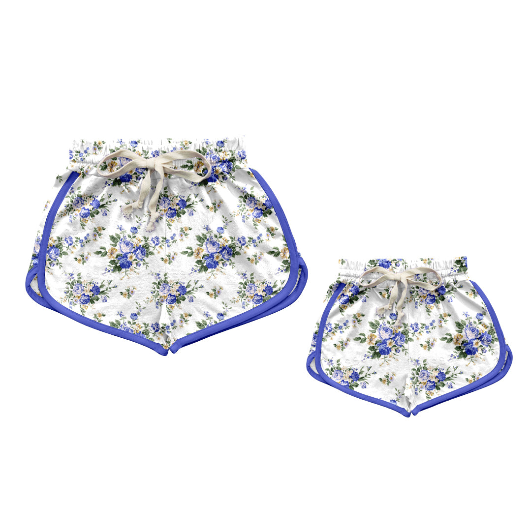 12.10(Custom Design Preorder MOQ 5 Each Design) Blue Flowers Print Summer Shorts Mom and Me Matching Clothes