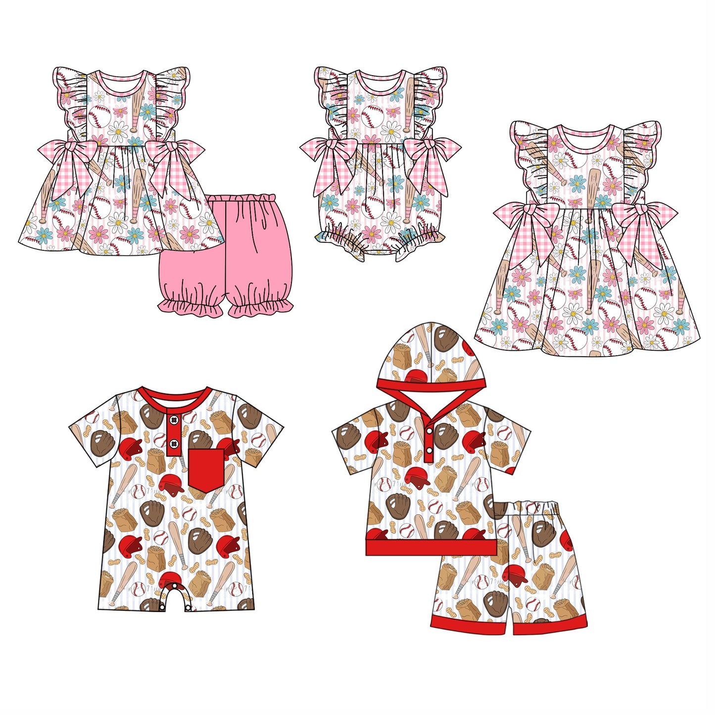 11.29(Custom Design Preorder MOQ 5 Each Design) Baseball Print Kids Summer Matching Clothes Sibling Wear