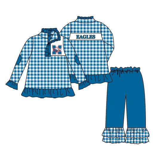 (Custom Design Preorder MOQ 5) Team's EAGLES Print Pullover Top Blue Pants Girls Fall Clothes Set
