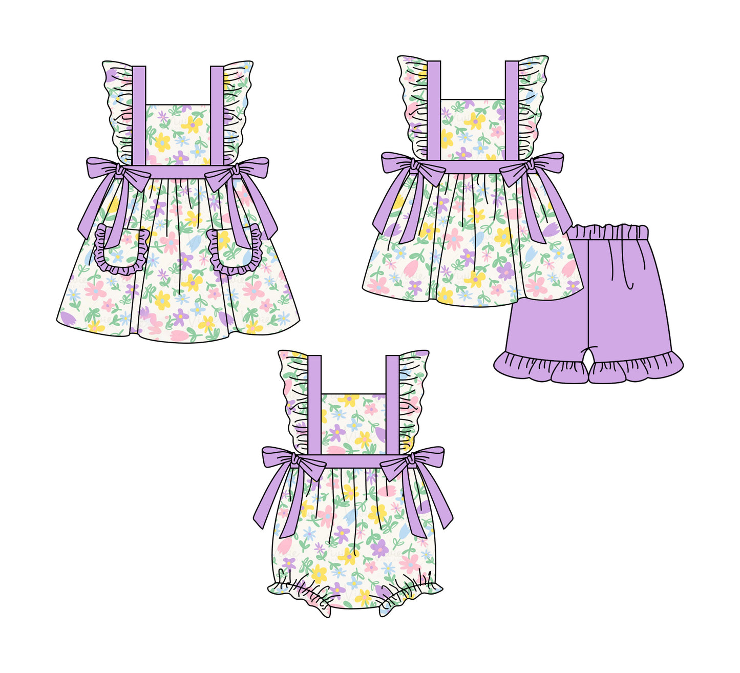 1.6(Custom Design Preorder MOQ 5 Each Design) Colorful Flowers Print Girls Summer Matching Clothes Sisters Wear