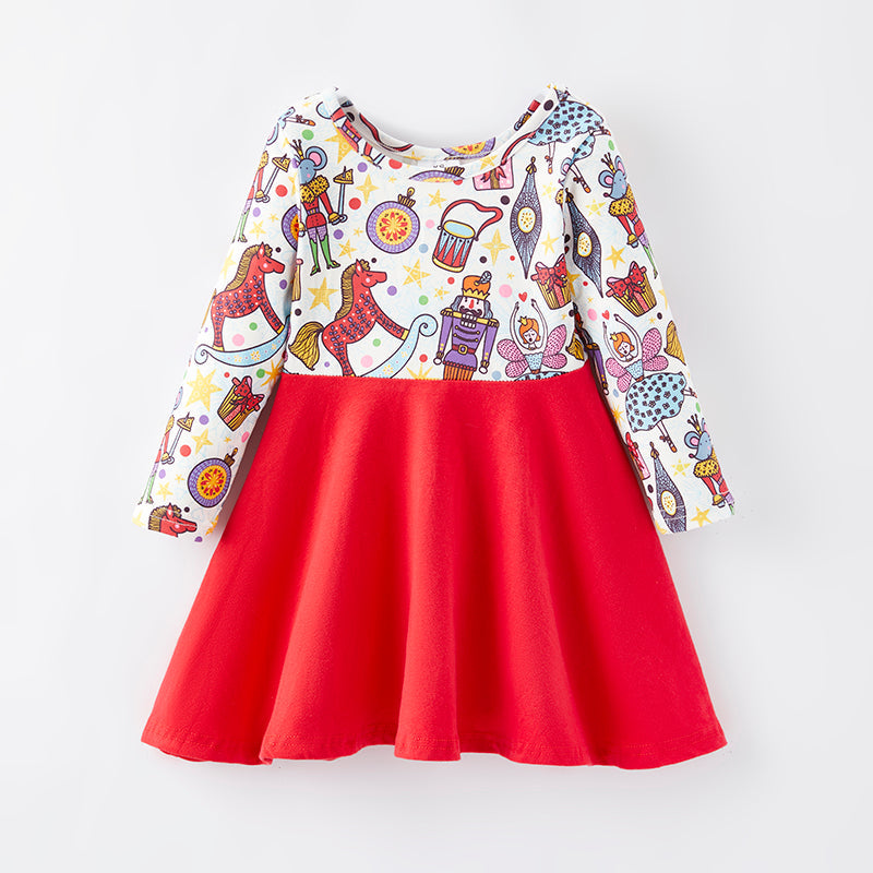 (Custom Design Preorder MOQ 5) Nutcracker Print Girls Christmas Knee Length Dress