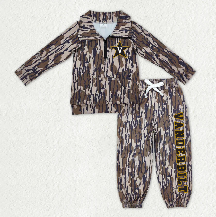 (Custom Design Preorder MOQ 5) Team's Vanderbilt Camo Print Zipper Pullover Top Pockets Pants Kids Fall Clothes Set