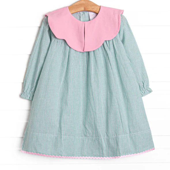 (Custom Design Preorder MOQ 5) Green Stripes Print Girls Knee Length Dress