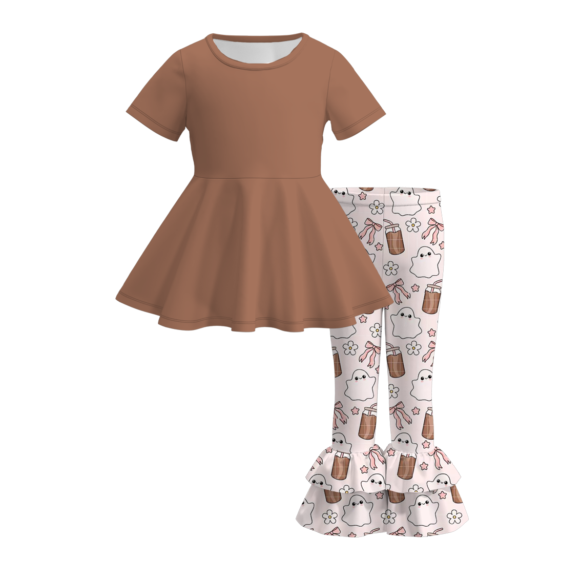 (Custom Design Preorder MOQ 5) Brown Tunic Top Ghost Bows Ruffle Pants Girls Halloween Clothes Set