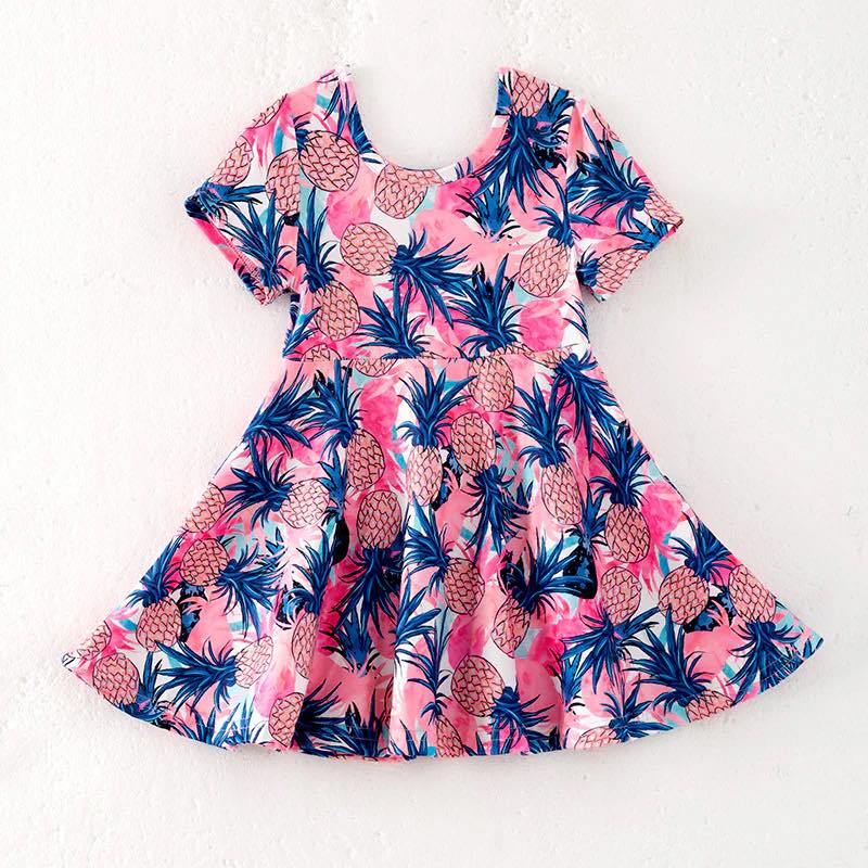(Custom Design Preorder MOQ 5) Pineapple Pink Print Girls Summer Knee Length Dress