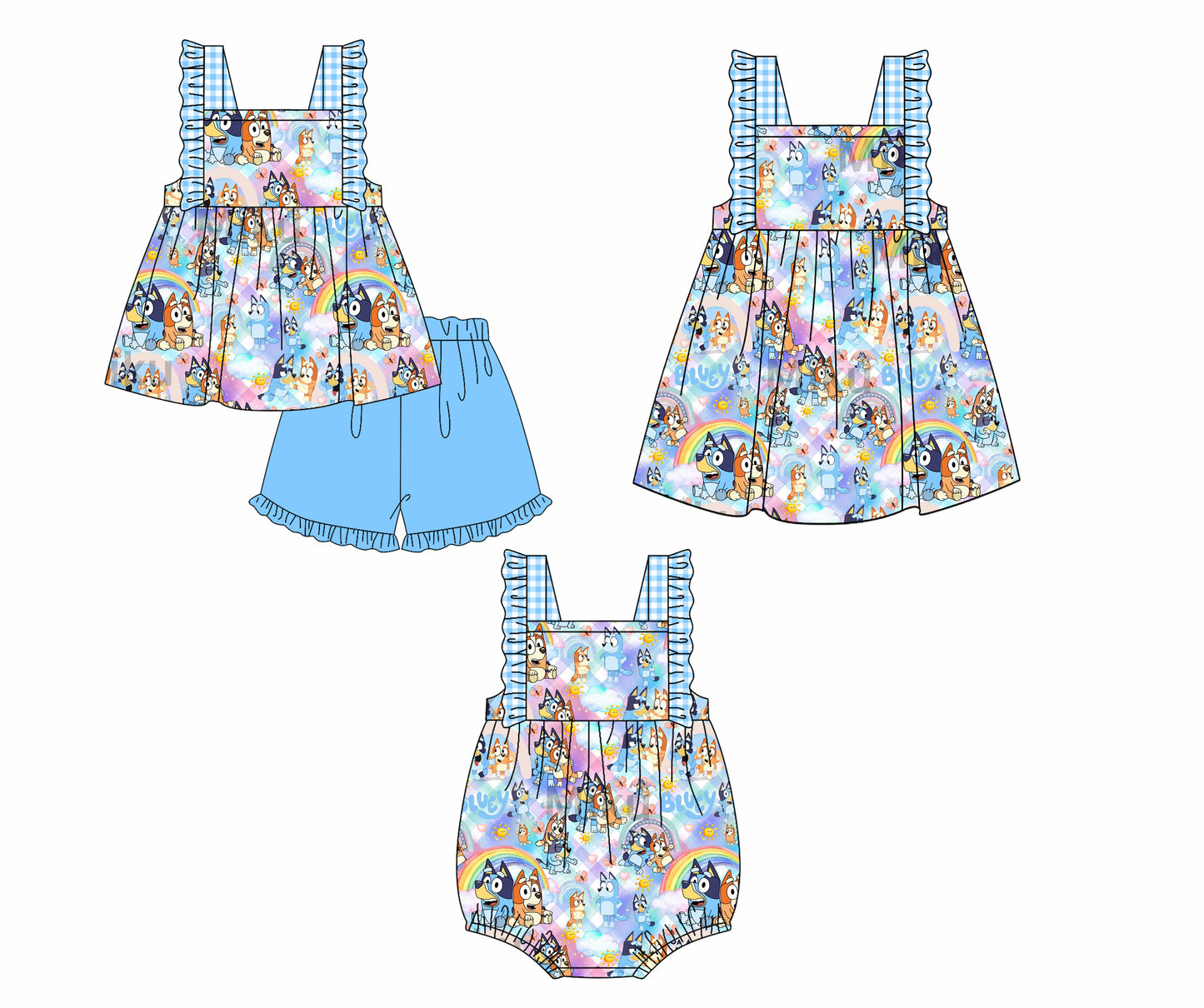 12.12(Custom Design Preorder MOQ 5 Each Design) Cartoon Dog Rainbow Print Girls Summer Matching Clothes Sisters Wear