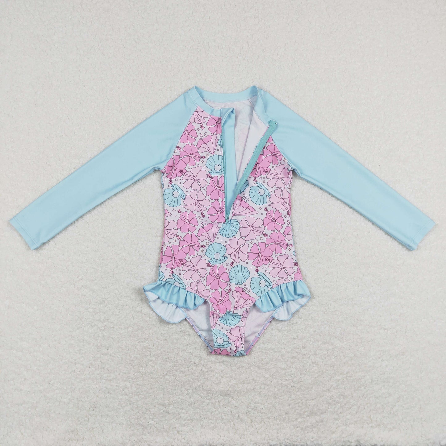 S0182 Girls Pink Flowers Blue Conch Print Long Sleeve Zipper 1 Piece Swimsuits