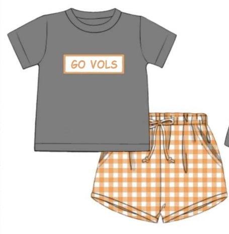 (Custom Design Preorder MOQ 5) Team's GO VOLS Grey Top Plaid Shorts Boys Clothes Set