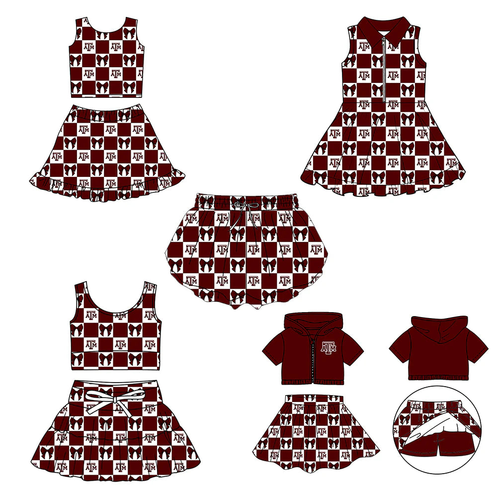 (Custom Design Preorder MOQ 5 Each Color) Team's Texas A&M Bows Plaid Print Girls Summer Clothes Sisters Matching Wear