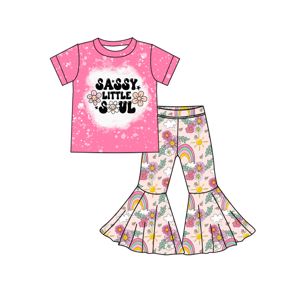 (Custom Design Preorder MOQ 5) Sassy Little Soul Pink Top Flowers Rainbow Bell Pants Girls Clothes Set