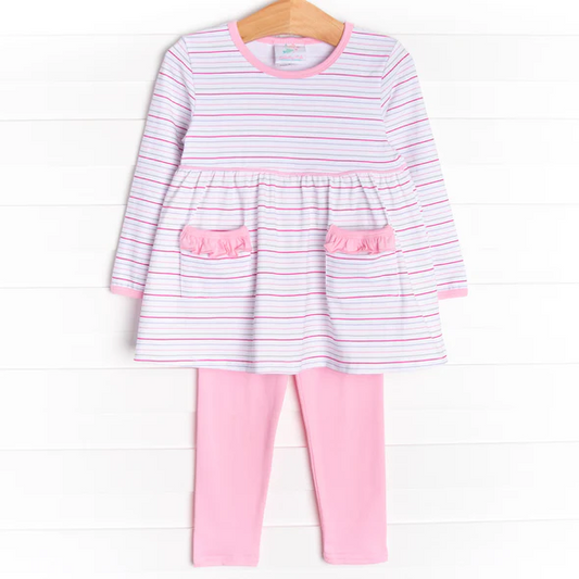 (Custom Design Preorder MOQ 5) Stripes Pockets Tunic Top Pink Pants Girls Fall Clothes Set