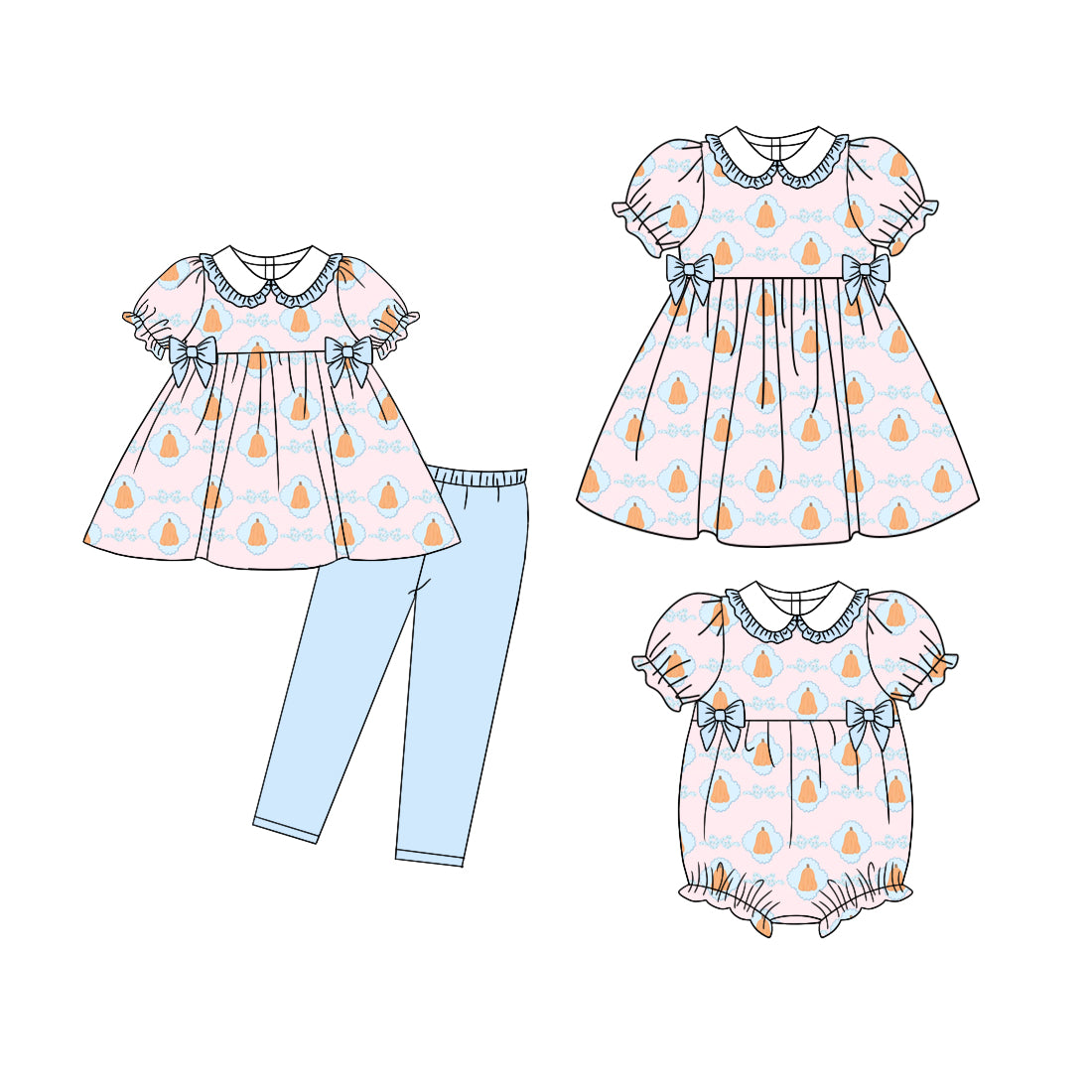 5.6(Custom Design Preorder MOQ 5 Each Design) Pumpkin Bows Print Girls Fall Matching Clothes Sisters Wear