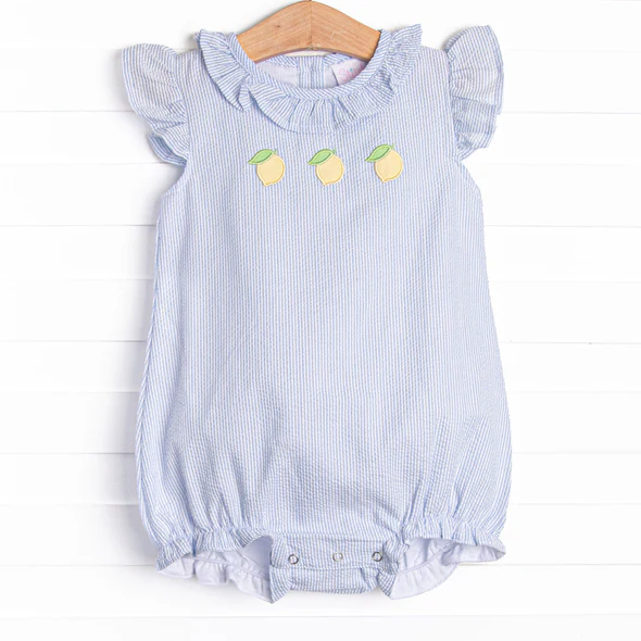 (Custom Design Preorder MOQ 5) Lemon Stripes Print Baby Girls Summer Romper