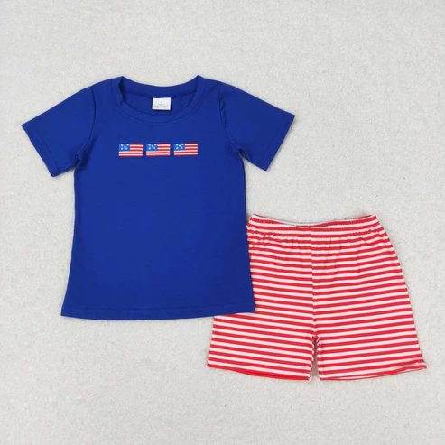 Flags Embroidery Red Stripes Print Sibling 4th of July Matching Clothes
