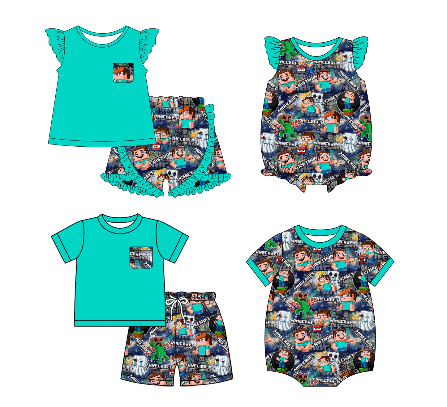 2.19(Custom Design Preorder MOQ 5 Each Design) Cartoon Games Roblo* Turquoise Print Kids Summer Matching Clothes Sibling Wear