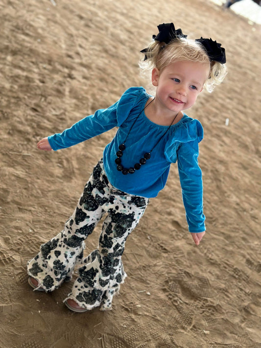 Blue velvet top cow print denim bell bottom jeans girls western clothes set GT0064+P0031
