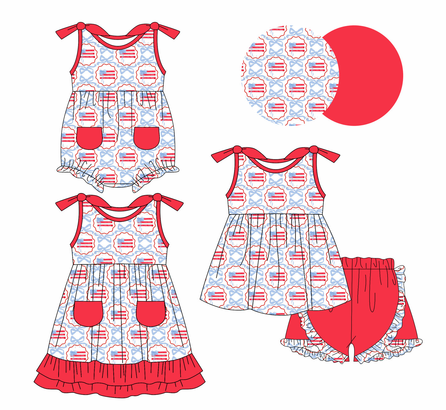 1.6(Custom Design Preorder MOQ 5 Each Design) Flag Bows Print Girls 4th of July Matching Clothes Sisters Wear